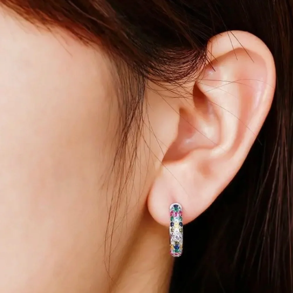 Silver Plated Mini Hoop Earrings Sparkling colorful Zircon Gem - Picture 4 of 10